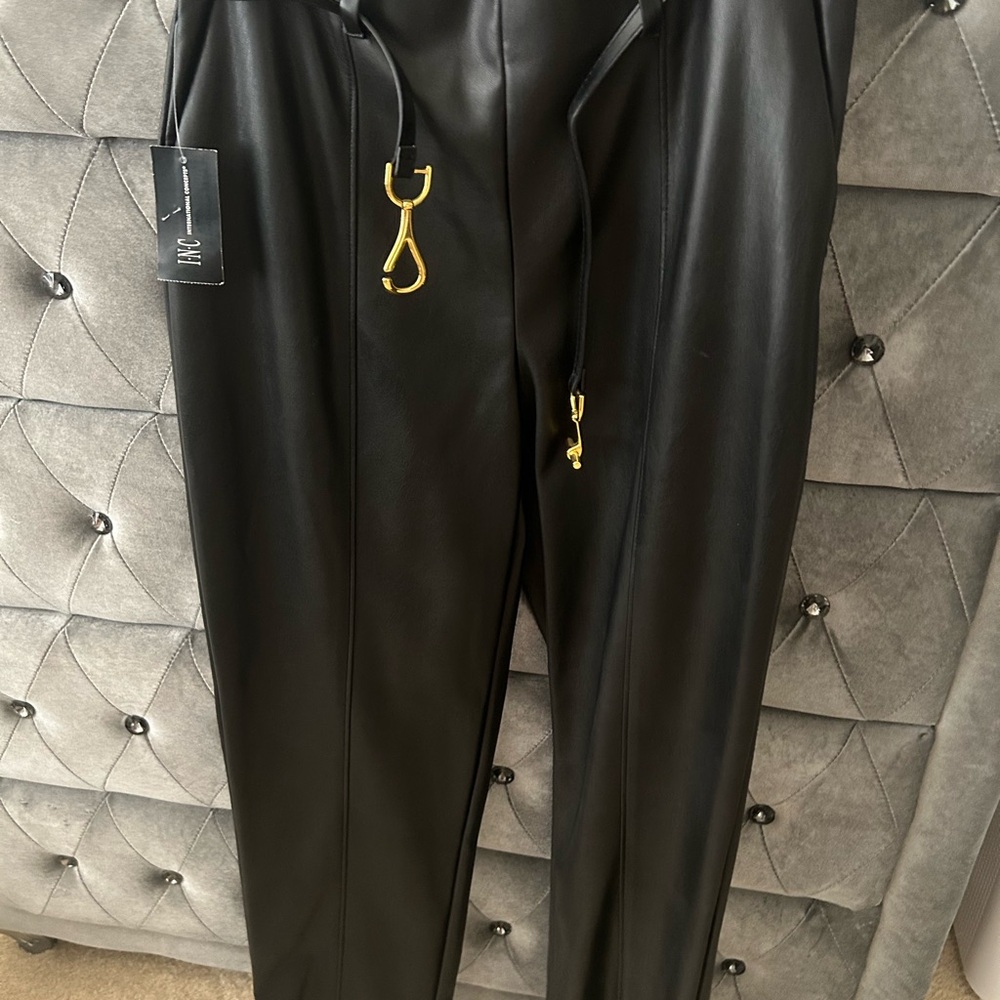 INC Black Faux Leather Pants with Gold Accents
